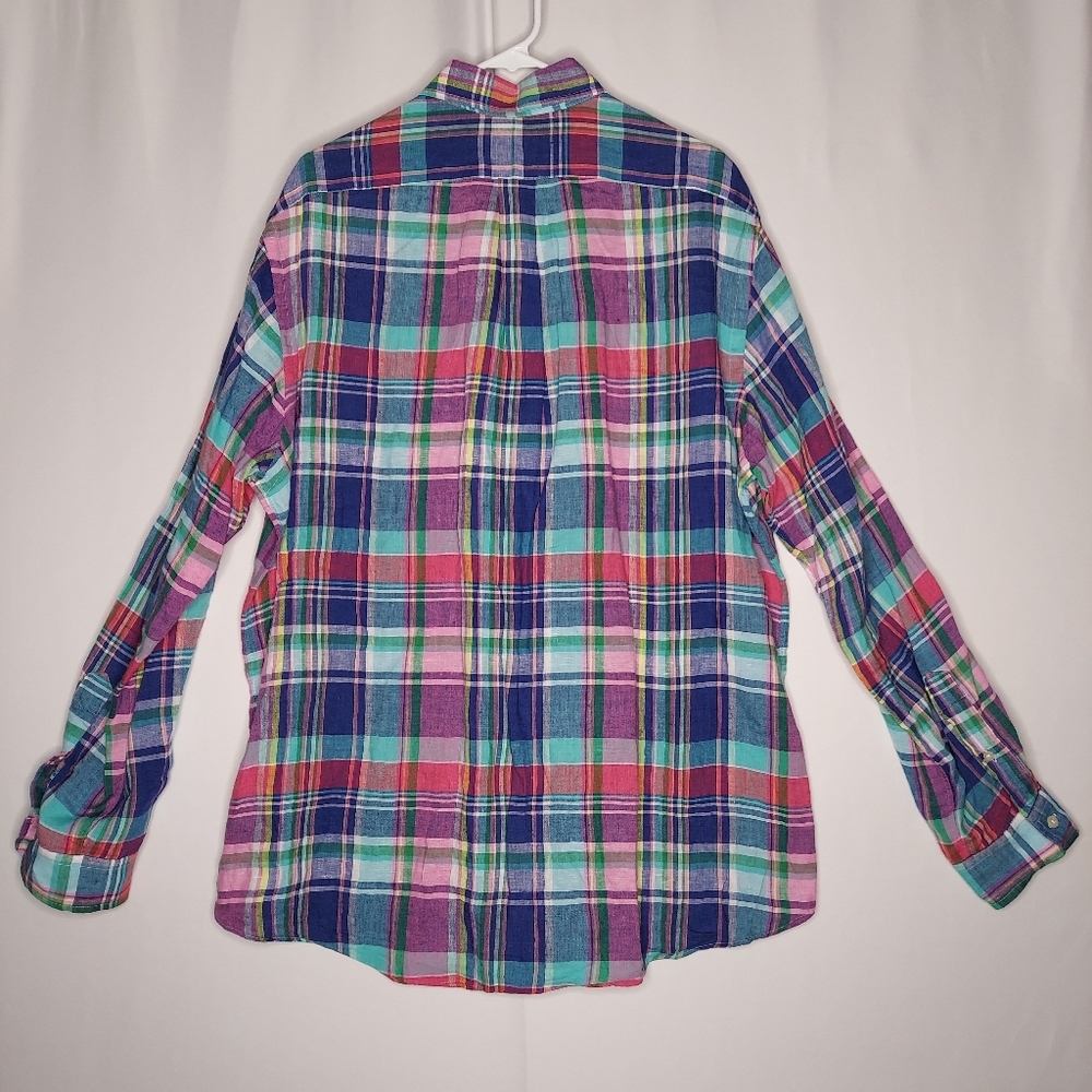 Ralph Lauren Linen Plaid Button Shirt Mens XL Multicolor Collar Coastal Preppy - Picture 2 of 9